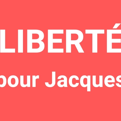 Image avec le texte Liberté pour Jacques sur fond rouge